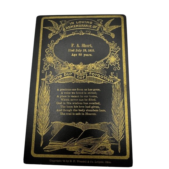 Antique Memorial Card F.A. Short 1910 Aged 80 Years Gold Embossed Design - Picture 1 of 4